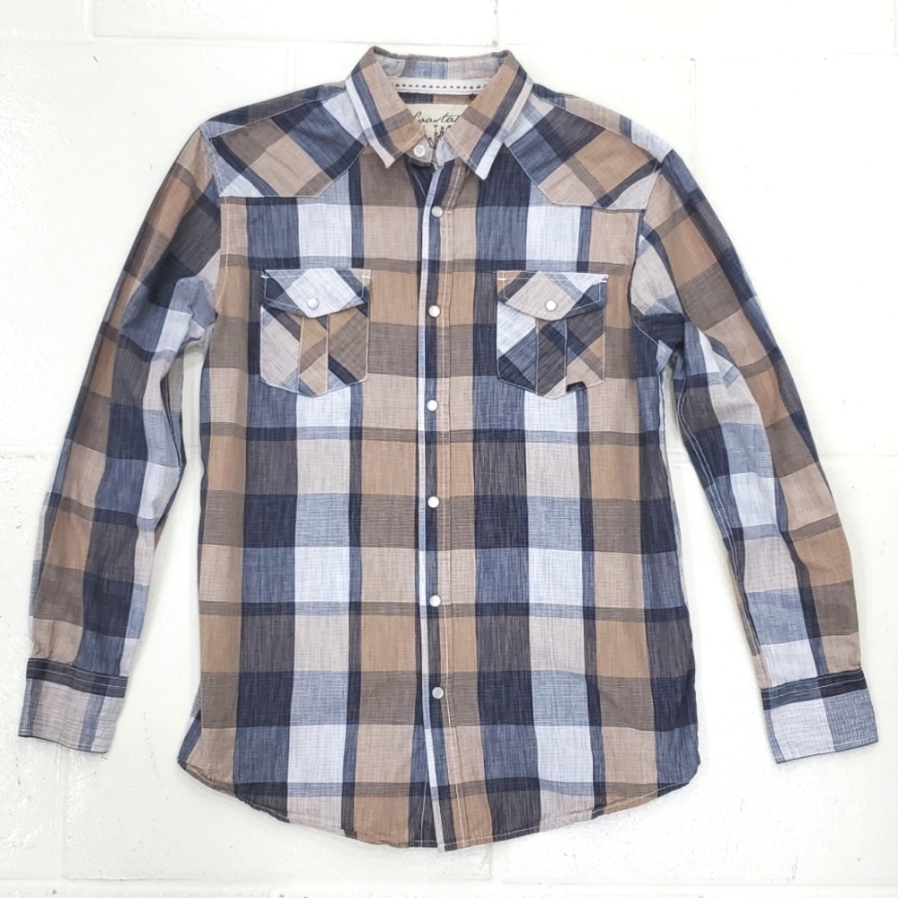 Coastal pearl snap shirt men's medium tan blue white plaid cotton long sleeve